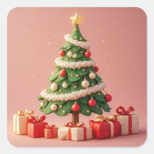 Adesivo Quadrado Pequena Árvore de Natal Decorada Com Presentes