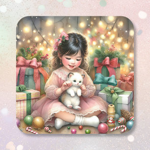 Adesivo Quadrado Pequena Garota Vintage Rosa com Natal de Gatinho