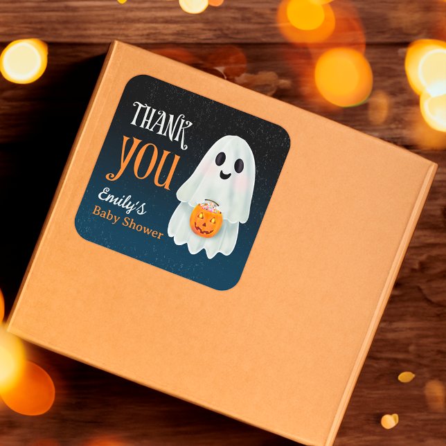 Adesivo Quadrado Pequeno chá de fraldas de abóbora-fantasma (Little boo ghost pumpkin Halloween baby shower Square Sticker)