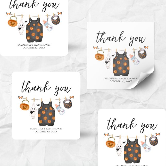 Adesivo Quadrado Pequeno Chá de fraldas de Boo Pumpkin Halloween (Little Boo Pumpkin Clothesline Halloween Baby Shower Sticker)