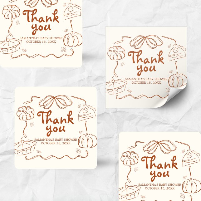 Adesivo Quadrado Pequeno Chá de fraldas de Pumpkin de Torre (Hand Drawn Little Cutie Pie Baby Shower Sticker)