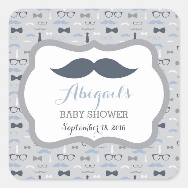 Adesivo Quadrado Pequeno Chá de fraldas, Marinho Azul, Cinza (Frente)