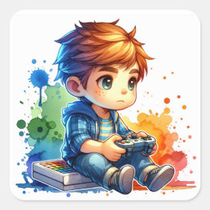 Adesivo Quadrado Pequeno Garoto Tocando Videos games