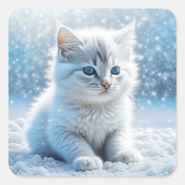 Adesivo Quadrado Pequeno Gatinho Branco no Natal da Neve (Frente)