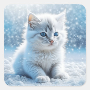 Adesivo Quadrado Pequeno Gatinho Branco no Natal da Neve