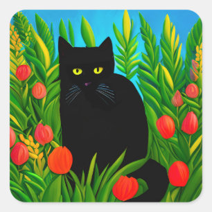 Adesivo Quadrado Pequeno Gato Negro em um Jardim de Tulipas
