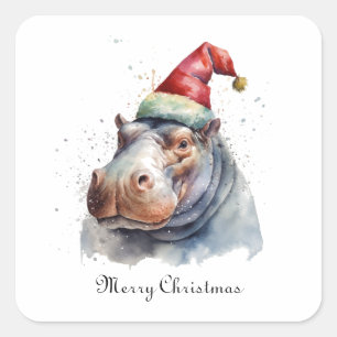 Adesivo Quadrado Pequeno Hipopótamo do Papai Noel, personalizado