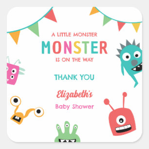Adesivo Quadrado Pequeno Monstro a caminho Baby Chá de Bebê Hallowe