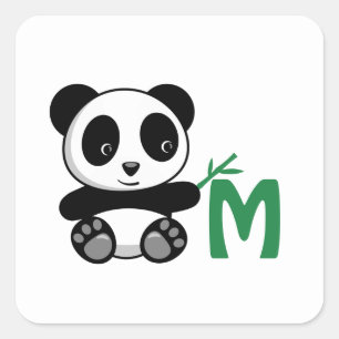 Adesivo Quadrado Pequeno Panda Bonito com Monograma de Bamboo Stick