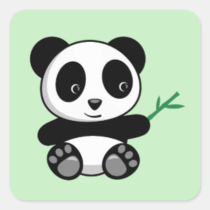 Adesivo Quadrado Pequeno Panda Bonito com um Bambu Verde