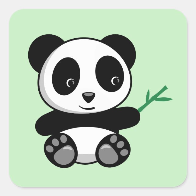 Adesivo Quadrado Pequeno Panda Bonito com um Bambu Verde (Frente)
