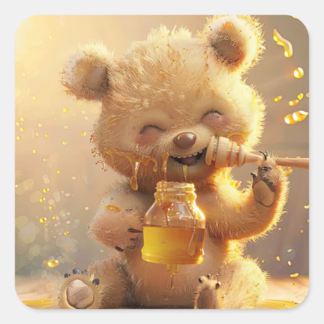 Adesivo Quadrado Pequeno urso comendo mel (Frente)