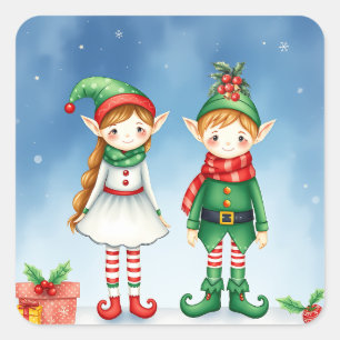 Adesivo Quadrado Pequenos Elfos de Natal com Aquarela