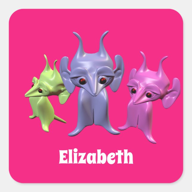 Adesivo Quadrado Pequenos marcianos, personalizados para crianças. (Frente)