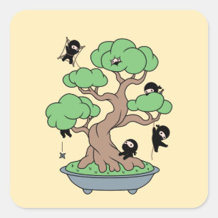 Adesivo Quadrado Pequenos Ninjas em Bonsai Tree em Amarelo