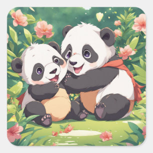 Adesivo Quadrado Pequenos Pandas Brincadinhos - Estilo Animado