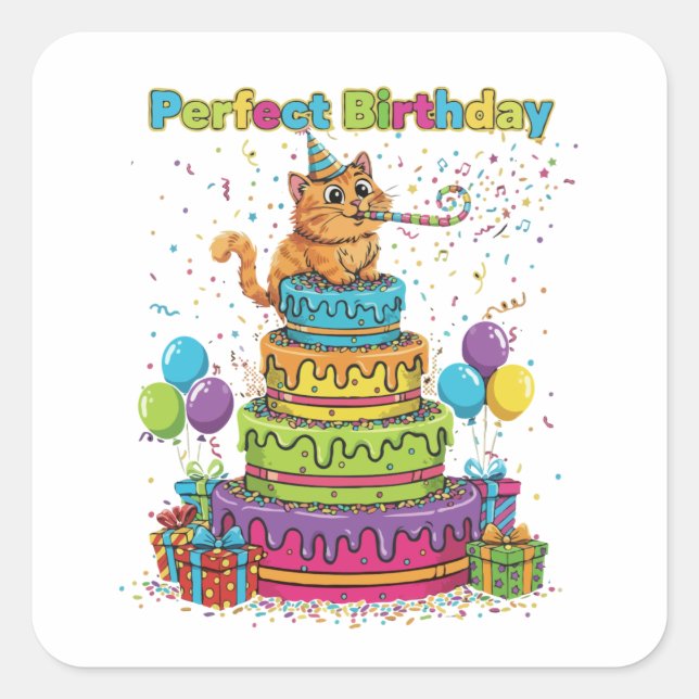 Adesivo Quadrado Perfect Birthday Cute Cartoon Cat on Rainbow Cake  (Frente)