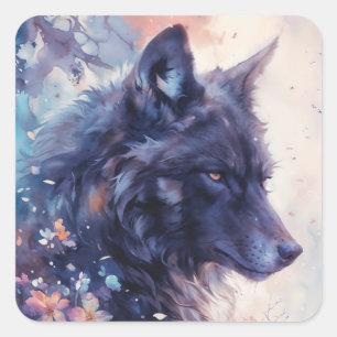 Adesivo Quadrado Perfil de Lobo Escuro em Jardim Floral de Aquarela