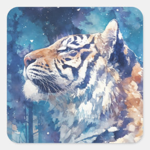 Adesivo Quadrado Perfil de Tigre em Aquarela numa Noite Estrelada