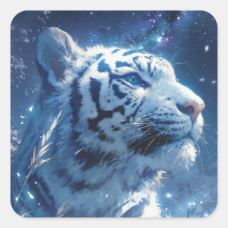 Adesivo Quadrado Perfil do Tigre Branco sob o Céu Noturno Estrelado