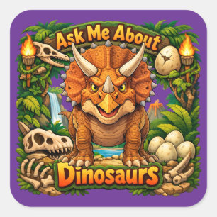Adesivo Quadrado Pergunte-me sobre Dinossauros Triceratops Adesiv