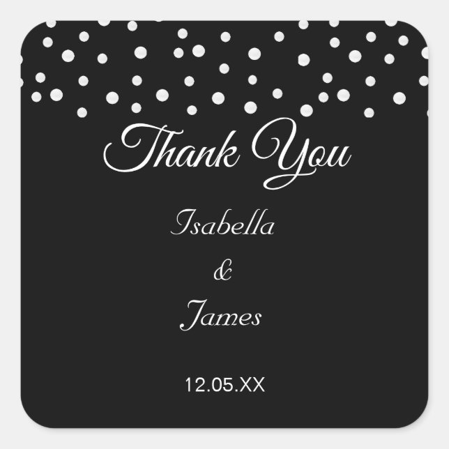 Adesivo Quadrado Pêrolas chic em preto Obrigado casamento (Frente)