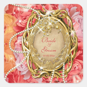 Adesivo Quadrado Pérolas cor-de-rosa do vintage que wedding o noiv
