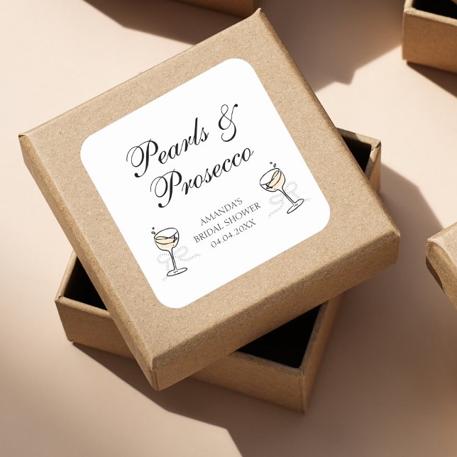 Adesivo Quadrado Pérolas & Prosecco Chá de Noiva Elegante (Pearls & Prosecco Elegant Bridal Shower Square Sticker)