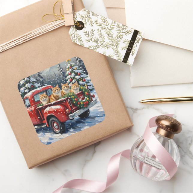Adesivo Quadrado Persian Cat Christmas Red Truck Holiday (Presentear)