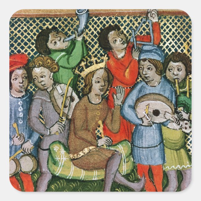 Adesivo Quadrado Personagem assombrada cercada por músicos (Frente)