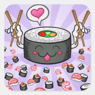 Adesivo Quadrado Personagem de desenho animado Sushi comendo muito 