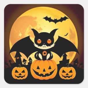Adesivo Quadrado Personagem de Gato de Halloween Fofo com Abóboras