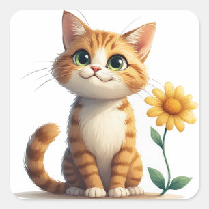 Adesivo Quadrado Personagem de Gato Fofo Com Flores Alegria 🌷