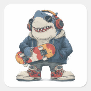 Adesivo Quadrado Personagem de Tubarão Cartoon Hip Hop com Skate