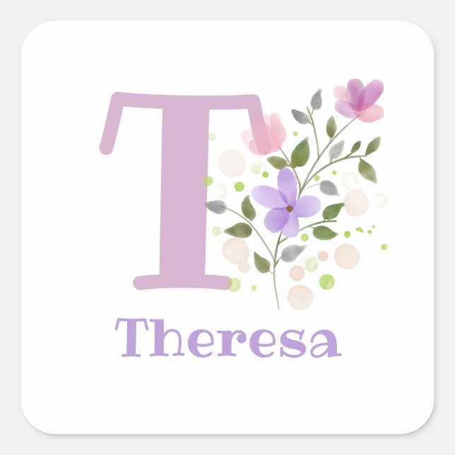 Adesivo Quadrado Personalizado com a Nome Theresa e Primeiro Inicia (Frente)