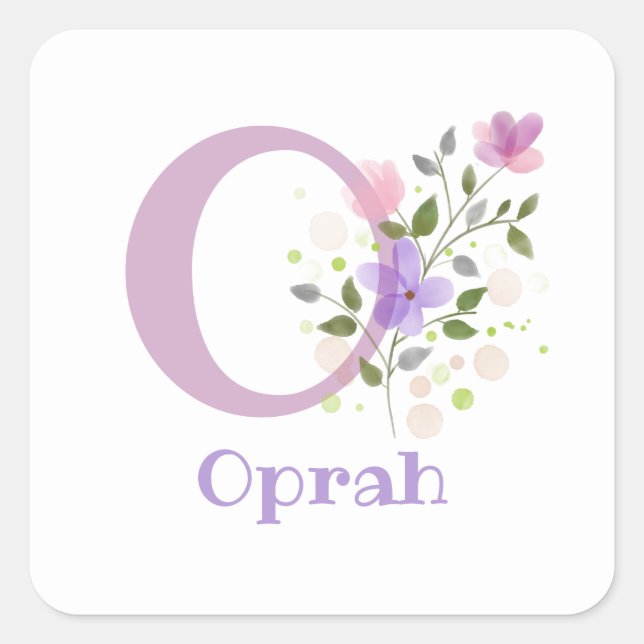 Adesivo Quadrado Personalizado com o Nome Oprah e Primeiro Inicial. (Frente)