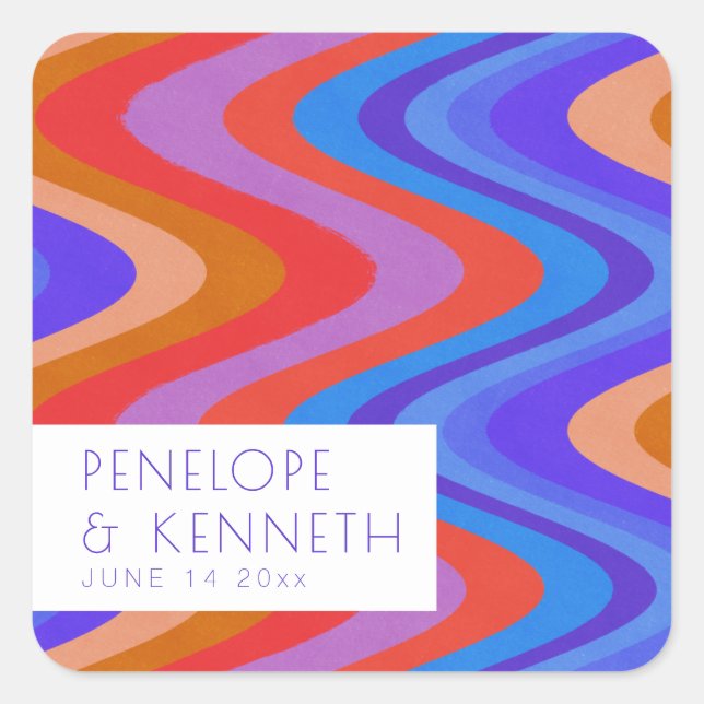 Adesivo Quadrado Personalizado De Casamento Roxo Azul-Brilhante (Frente)