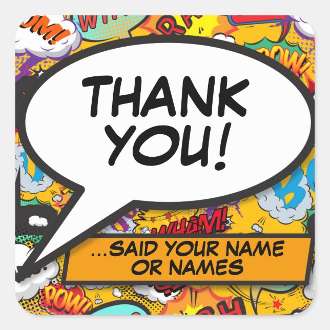 Adesivo Quadrado Personalizado Divertido Colorido Obrigado Bolha De (Frente)