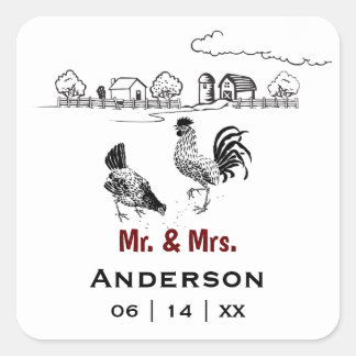 Adesivo Quadrado Personalizado Sr. e Sra. Chicken Fazenda Wedding