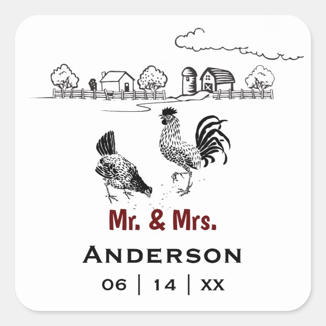 Adesivo Quadrado Personalizado Sr. e Sra. Chicken Fazenda Wedding (Frente)