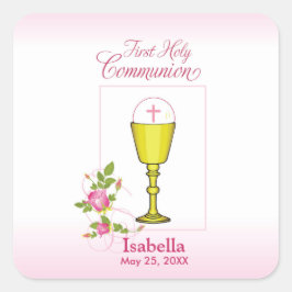 Adesivo Quadrado Personalizar Menina Nome Rosa Primeira Comunhão Sa