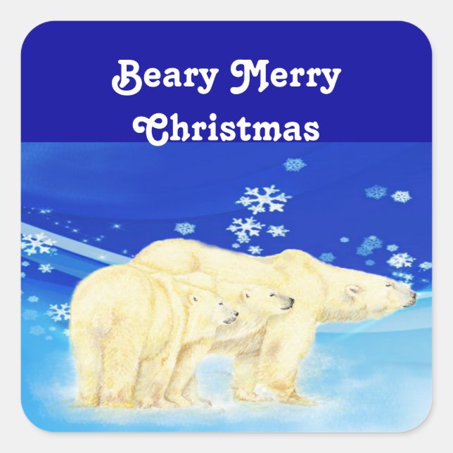 Adesivo Quadrado Personalizar Ursos Polares de Natal Feliz da Beary (Frente)