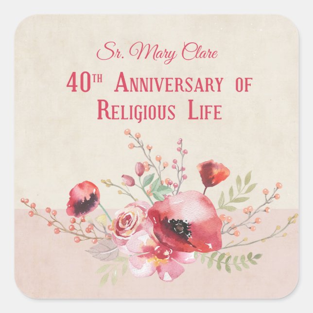 Adesivo Quadrado Personalize, 40 anos de freira, rosa e (Frente)