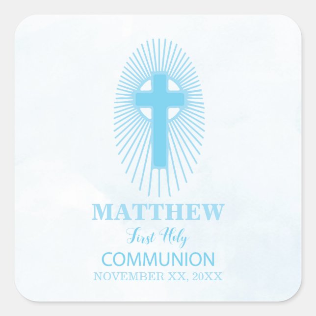 Adesivo Quadrado Personalize, Blue First Sagrada Comunhão (Frente)