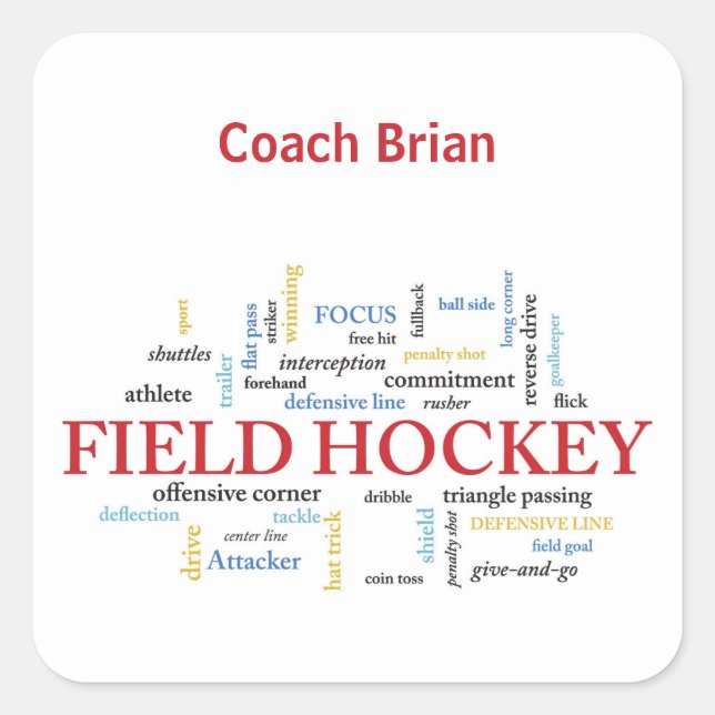 Adesivo Quadrado Personalize, treinador de hóquei em campo Obrigado (Frente)