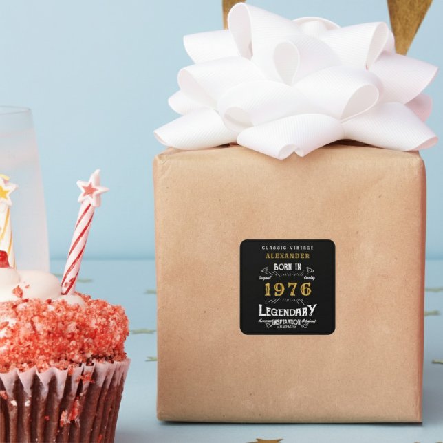 Adesivo Quadrado Personalized 50th Birthday Add Name 1976 Legend (Born 1976 birthday sticker on a wrapped gift.)