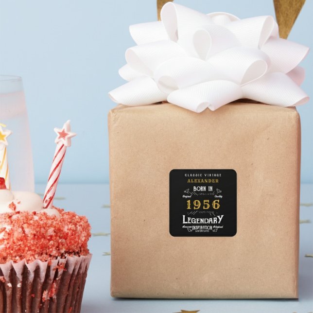 Adesivo Quadrado Personalized 70th Birthday Add Name 1956 Legend (Born 1956 birthday sticker on a wrapped present.)