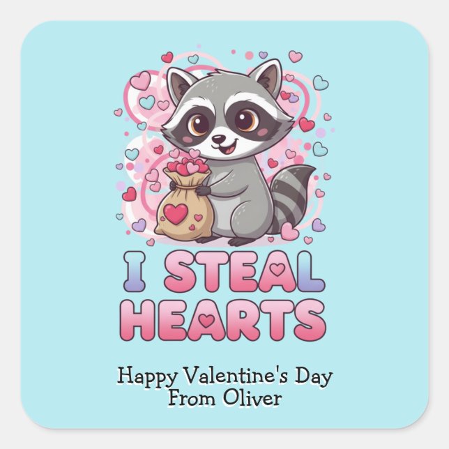 Adesivo Quadrado Personalized Cute Raccoon Classroom Valentine (Frente)