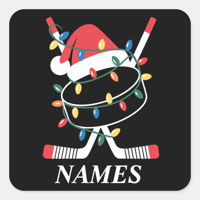 Adesivo Quadrado Personalized Name Christmas Hockey Xmas Santa Hat (Frente)