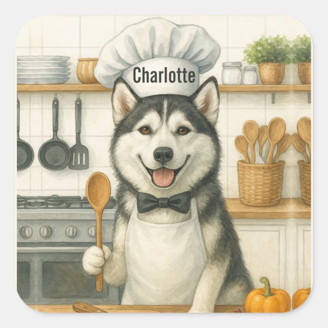 Adesivo Quadrado Personalized Name Funny Siberian Husky Dog Chef (Frente)